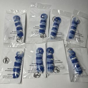 8 New Random Acts Of Crochet Kindness Worry Worm Keychain Blue White
